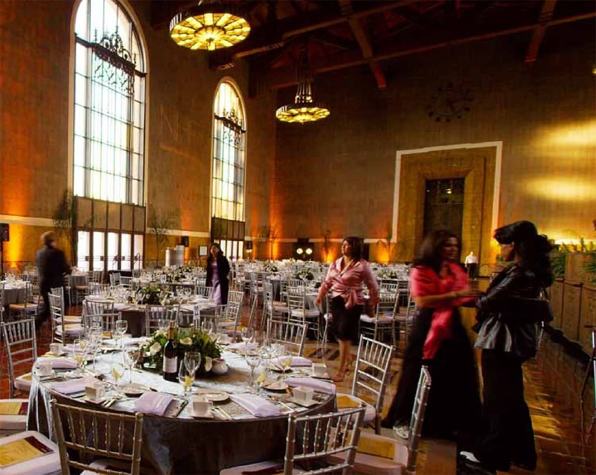 Photo of a banquet table filled with food