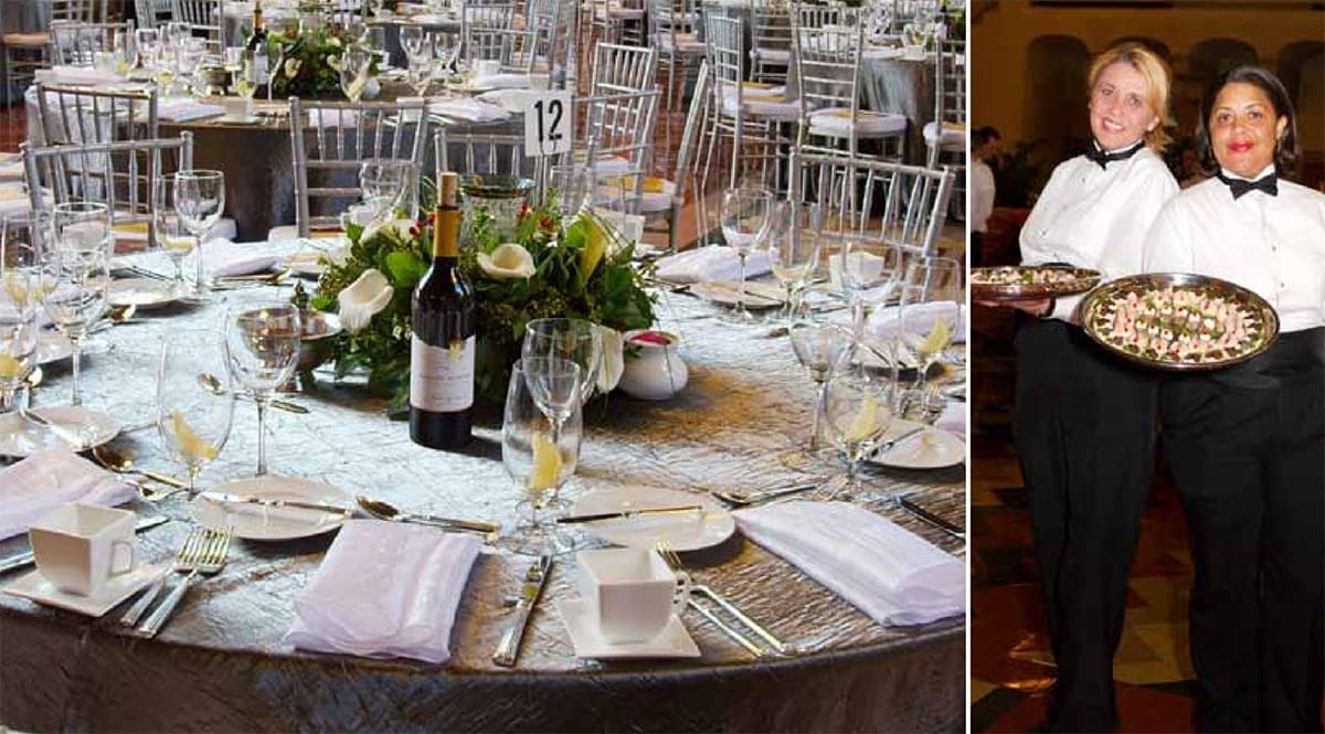 Photo of a banquet table filled with food