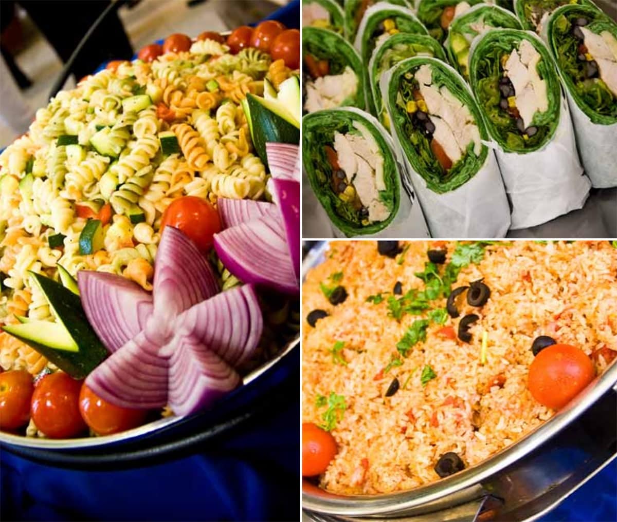 Photo of a banquet table filled with food